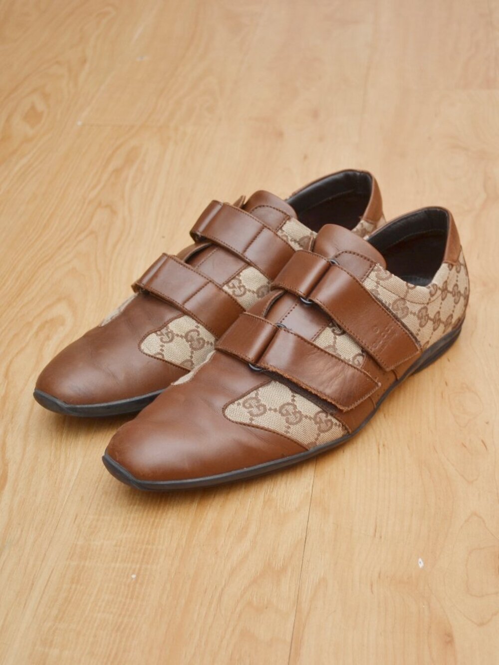 GUCCI GG Double Vel-cro Guccissima Coated GG Canvas & Brown Leather Sneakers 11D